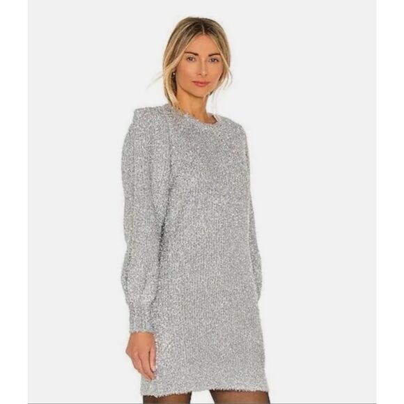 NWT Ronny Kobo Sisilia Metalli Mini Sweater Dress in Silver Size XS/S - Picture 1 of 10